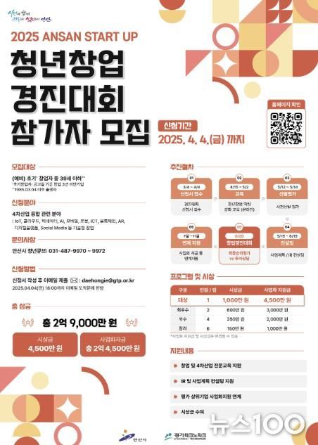 안산시, 총상금 2억 9천만 원 스타트업 청년창업 경진대회 연다