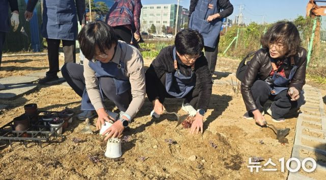손바닥정원단과 시민들이 고색동 양묘장에서 제7회 수원 정원의 날 행사를 기념해 손바닥정원을 조성하고 있다.