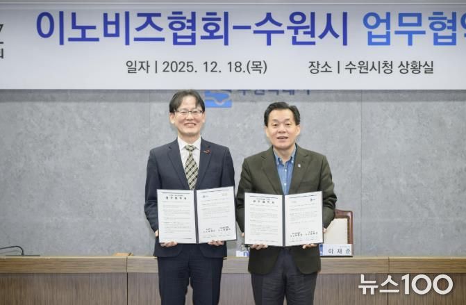 이재준 수원시장(오른쪽)과 이노비즈협회 정광천 회장이 협약 후 기념촬영을 하고 있다.