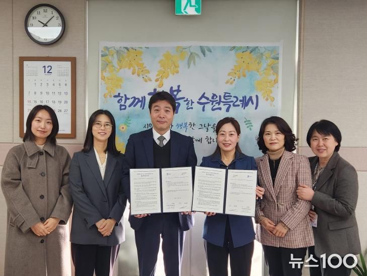 김은주 수원시 여성가족국장과 문상록 굿네이버스 경기지부장 등이 업무 협약을 체결하고 기념사진을 찍고 있다.