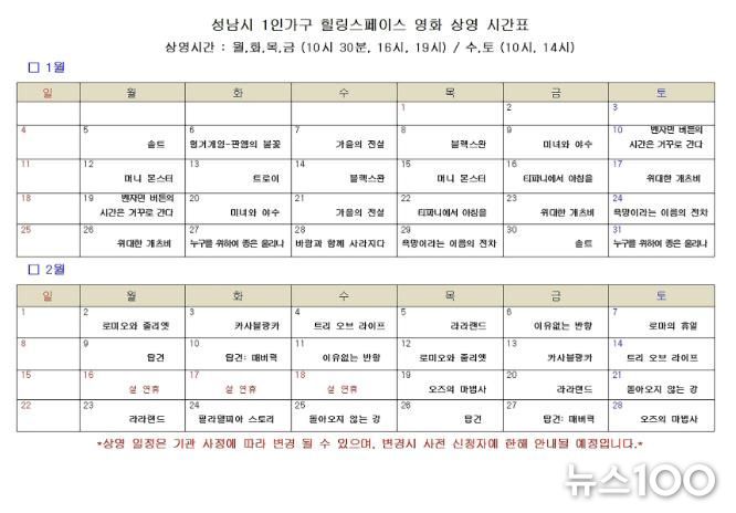 성남시, 1인 가구 위한 ‘추억의 할리우드 영화’ 120회 무료 상영