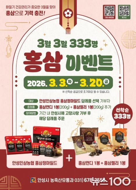안성시, 고향사랑기부 ‘3월 3일 333명 홍삼’ 이벤트 추진