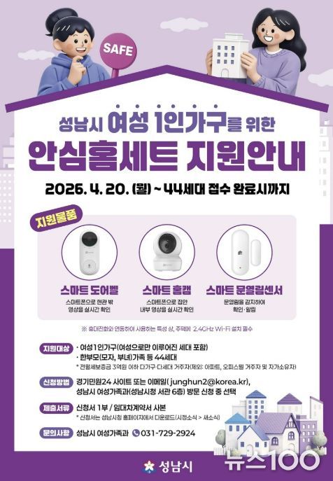 성남시, 여성 1인 가구 안심 홈세트 3종 지원 안내 포스터